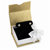 Gold magnetic ribbon earring gift box with black velvet insert and white satin ribbon for jewelry presentation.
