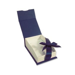 Navy Blue Magnetic Ribbon Pendant & Earring Gift Box with Cream Foam Insert