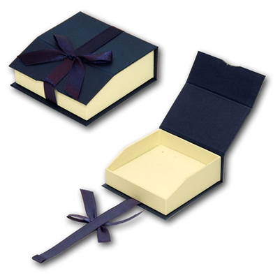 Navy Blue Magnetic Ribbon Pendant Gift Box with Cream Foam Insert