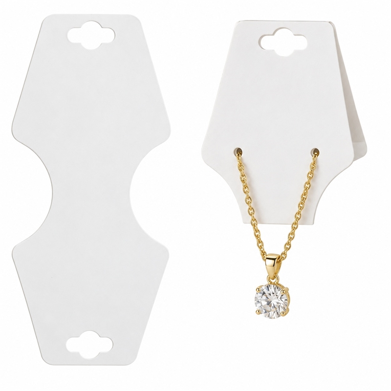 White cardstock bracelet and necklace hanging display card