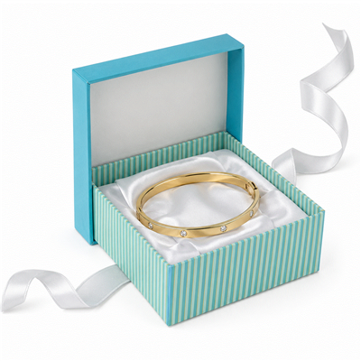 Blue and white striped bangle gift box with blue lid and bracelet