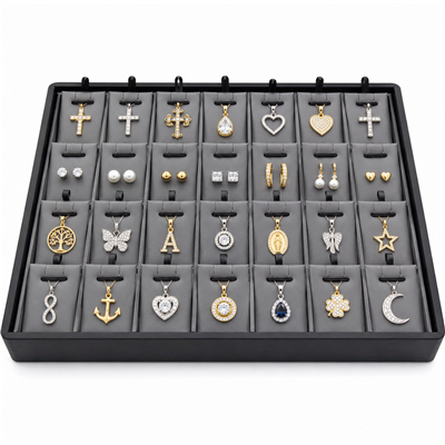 Steel Gray & Black Faux Leather 28-Charm & Pendant Display Tray with Removable Pads