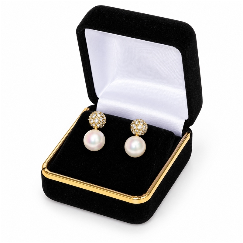 SE3 BK Black Velvet Metal Earring Box with Gold-Tone Brass Trim and White Satin Interior