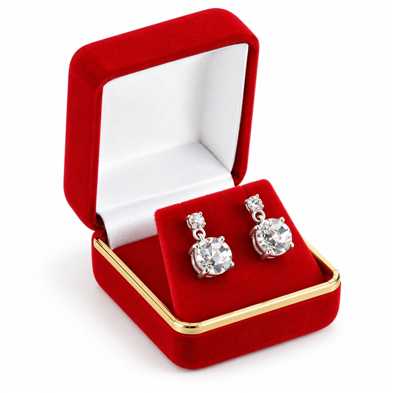Red Velvet Metal Earring Box with Gold Trim and White Satin Interior
