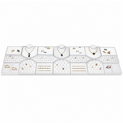 White Faux Leather 18-Piece Jewelry Display Set for Rings, Necklaces, Earrings and Bracelets