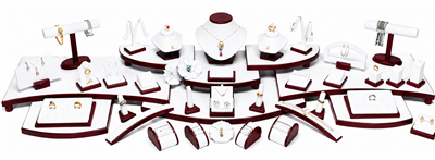 61-Piece White Faux Leather Jewelry Display Set with Glossy Rosewood Trim