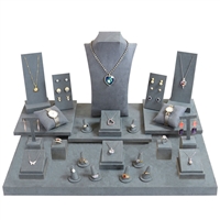 SET93-D20 27 Piece Gray Suede Jewelry Display Showcase Set