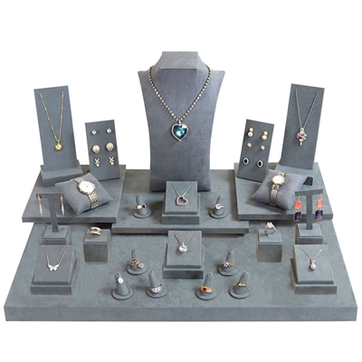 SET93-D20 27 Piece Gray Suede Jewelry Display Showcase Set