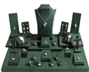 SET93-D73 27 Piece Dark Green Suede Jewelry Display Showcase Set
