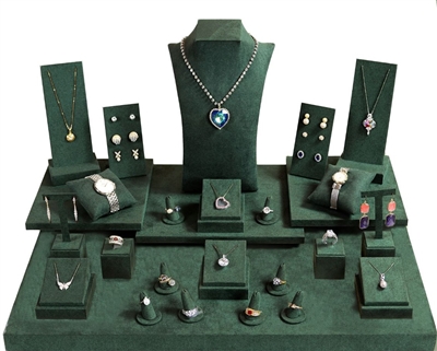 SET93-D73 27 Piece Dark Green Suede Jewelry Display Showcase Set