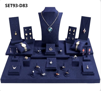 SET93-D83 27 Piece Navy Blue Suede Jewelry Display Showcase Set