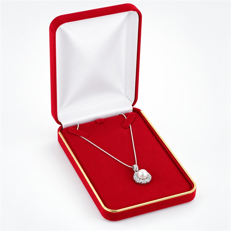 SN7 Red Velvet Metal Necklace Box with Gold-Plated Brass Trim, White Satin Interior and Necklace Insert