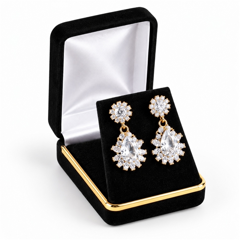SP10-BK Black Velvet Pendant and Earring Box with Gold Trim and White Satin Interior