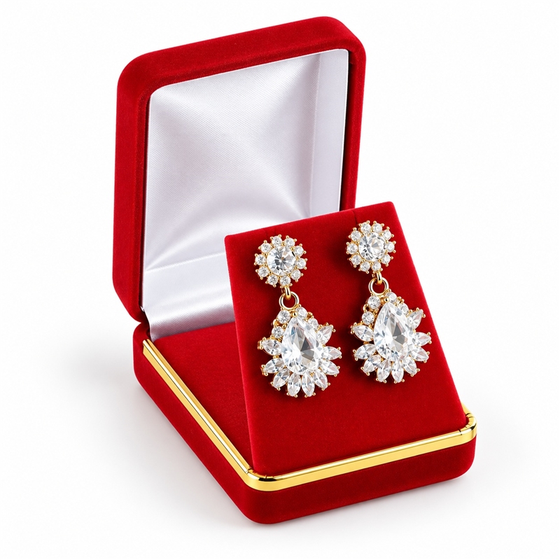 SP10-RD Red Velvet Pendant and Earring Box with Gold Trim and White Satin Interior