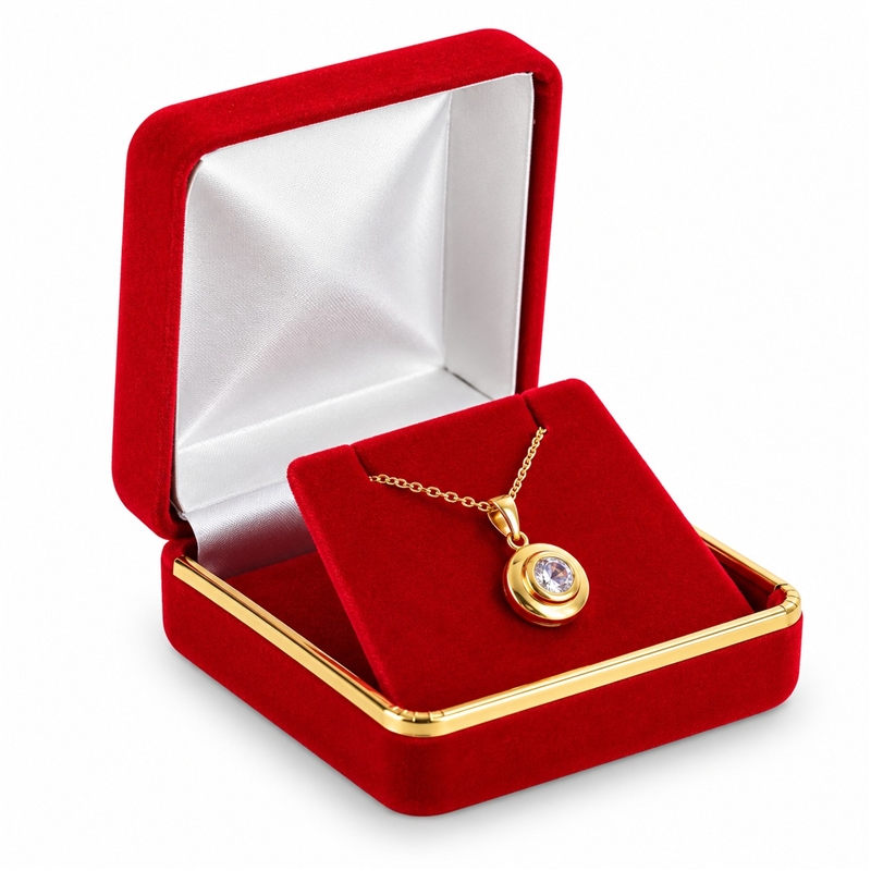 SP9-RD Red Velvet Metal Pendant and Earring Box with Gold Trim and White Satin Interior