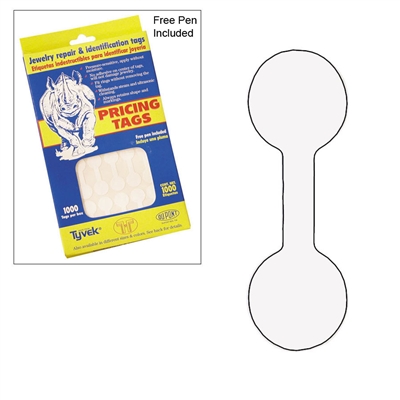White Tyvek dumbbell jewelry pricing tags pack of 1000 1 7/8 x 1/2 inch tear-proof adhesive labels